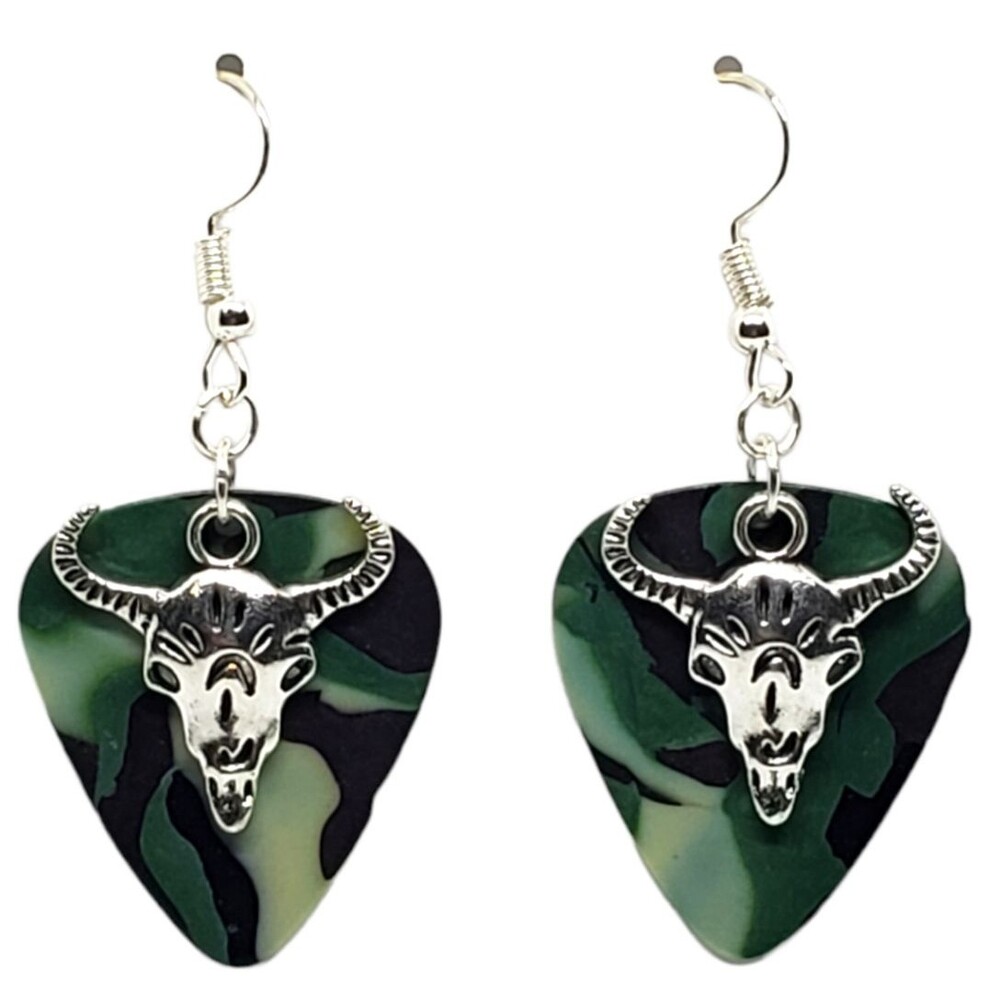 Cow Skull Cowboy Charm on Guitar Pick Earrings - Choose Color - Handmade in USA
